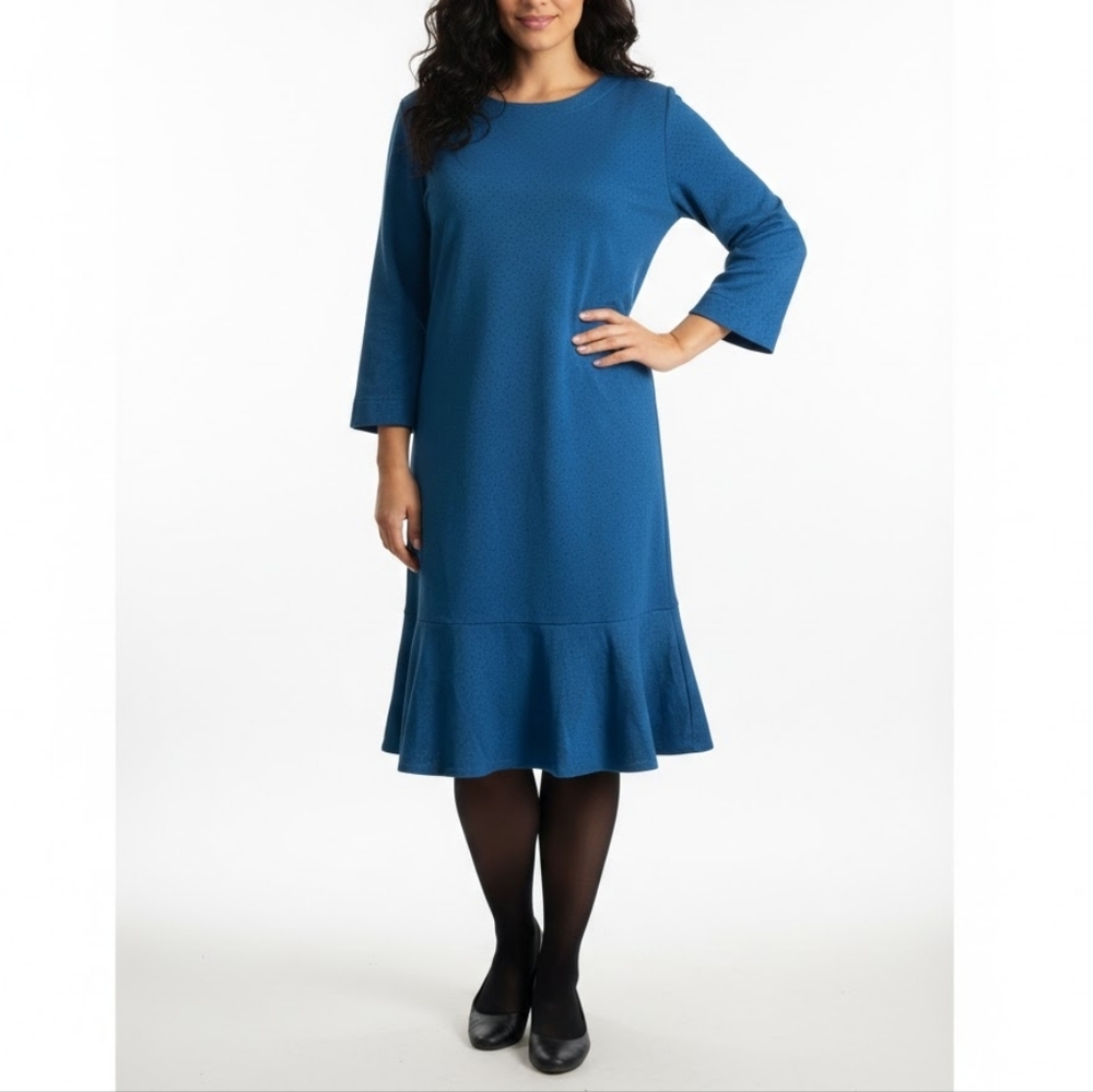 J. JILL Dress Size L Oxford Blue Black Dot Ponte Knit Dress 3/4 Sleeve Keyhole